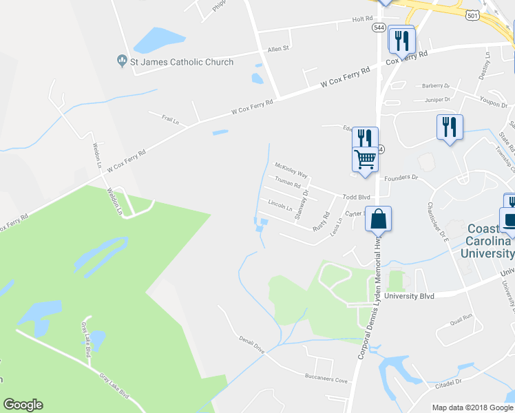 map of restaurants, bars, coffee shops, grocery stores, and more near 645 Rusty Road in Conway