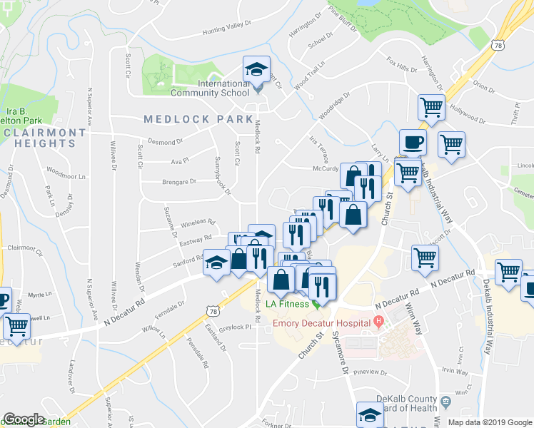 map of restaurants, bars, coffee shops, grocery stores, and more near 1108 McClelen Way in Decatur