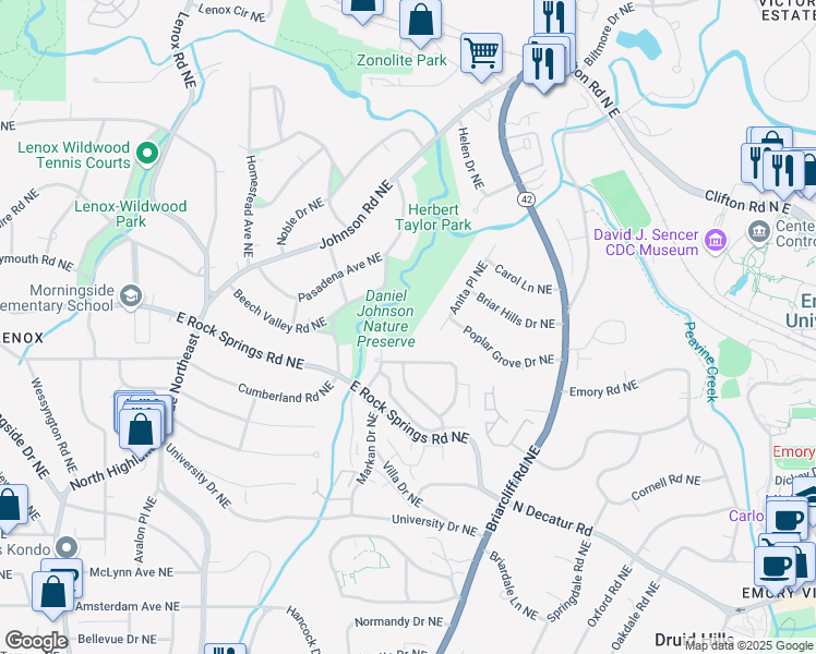map of restaurants, bars, coffee shops, grocery stores, and more near 1301 Beech Valley Road Northeast in Atlanta