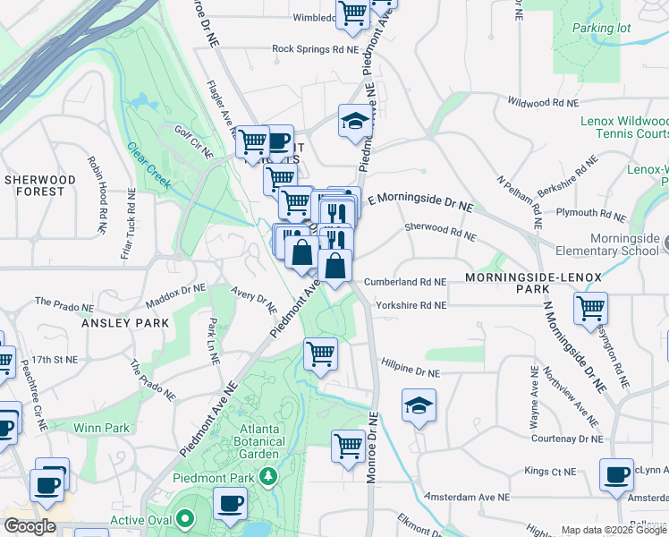 map of restaurants, bars, coffee shops, grocery stores, and more near 1551 Piedmont Avenue Northeast in Atlanta