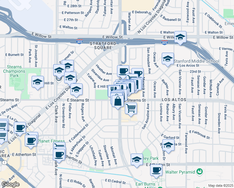map of restaurants, bars, coffee shops, grocery stores, and more near 2202 North Bellflower Boulevard in Long Beach