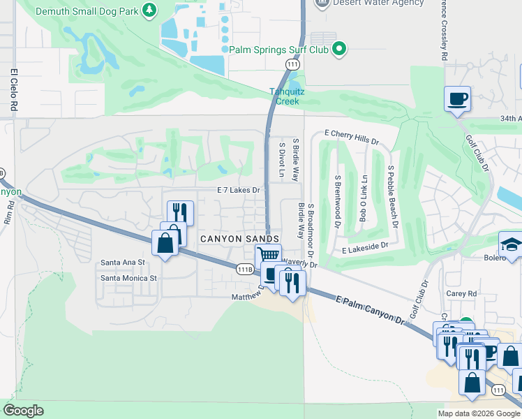 map of restaurants, bars, coffee shops, grocery stores, and more near 2330 East Miramonte Circle in Palm Springs