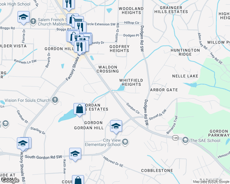 map of restaurants, bars, coffee shops, grocery stores, and more near 163 Whitfield Drive Southwest in Mableton