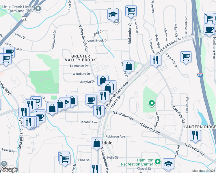 map of restaurants, bars, coffee shops, grocery stores, and more near 640 Valley Brook Road in Decatur