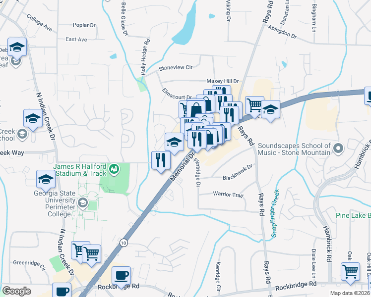 map of restaurants, bars, coffee shops, grocery stores, and more near 5148 Memorial Drive in Stone Mountain