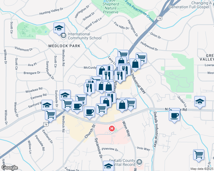 map of restaurants, bars, coffee shops, grocery stores, and more near 1677 Scott Boulevard in Decatur