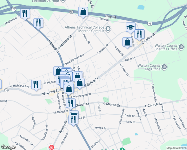 map of restaurants, bars, coffee shops, grocery stores, and more near 415 East Spring Street in Monroe