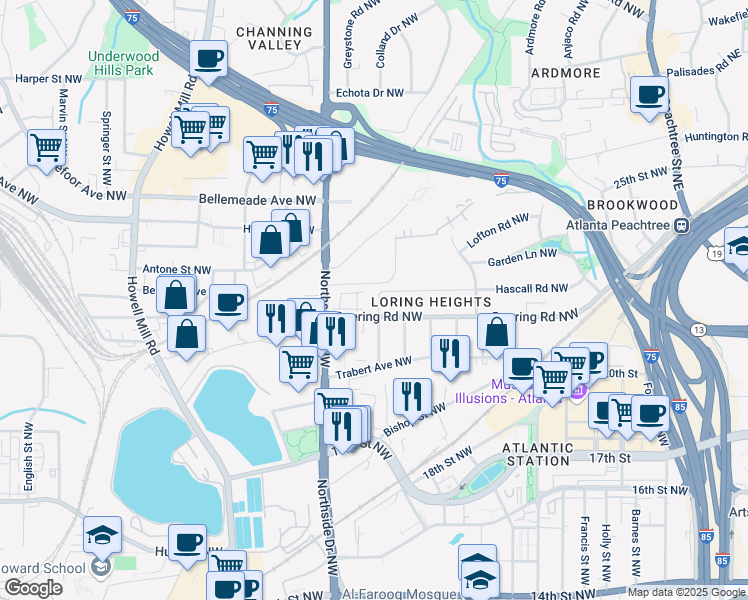 map of restaurants, bars, coffee shops, grocery stores, and more near 557 Hascall Road Northwest in Atlanta