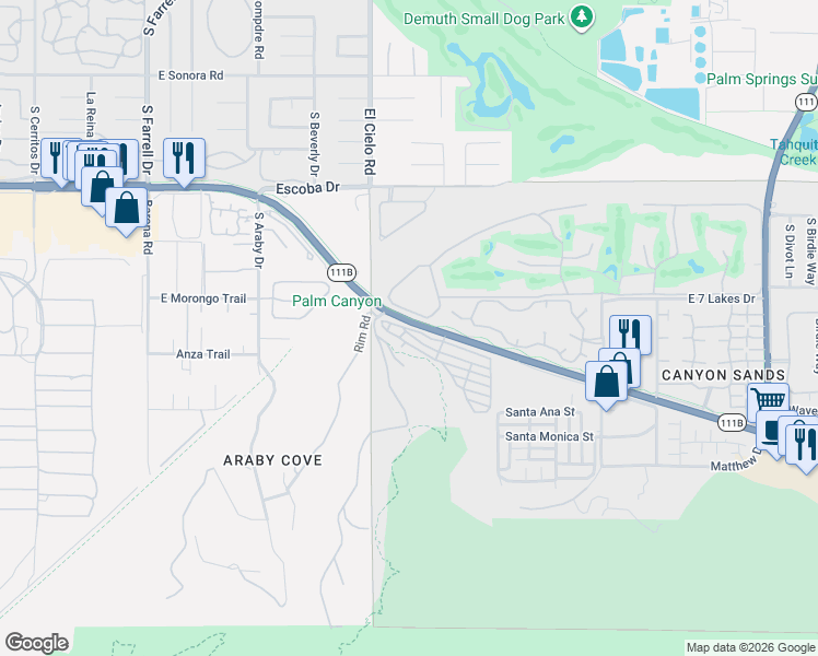 map of restaurants, bars, coffee shops, grocery stores, and more near 27 Jupiter Street in Palm Springs