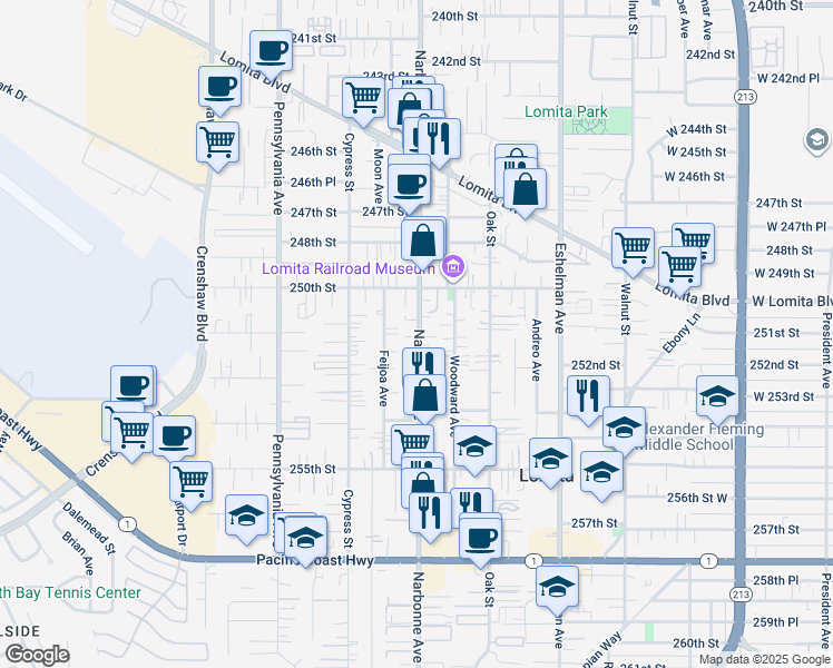 map of restaurants, bars, coffee shops, grocery stores, and more near 25107 Narbonne Avenue in Lomita
