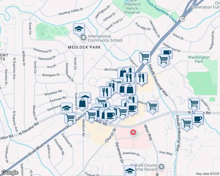 map of restaurants, bars, coffee shops, grocery stores, and more near 111 Tuxworth Circle in Decatur
