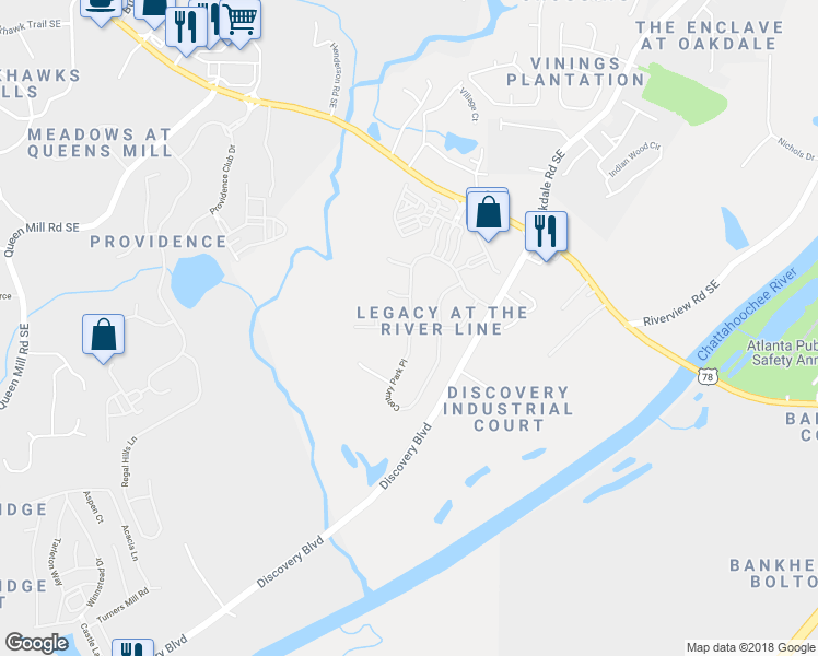 map of restaurants, bars, coffee shops, grocery stores, and more near 6492 Century Park Place in Mableton