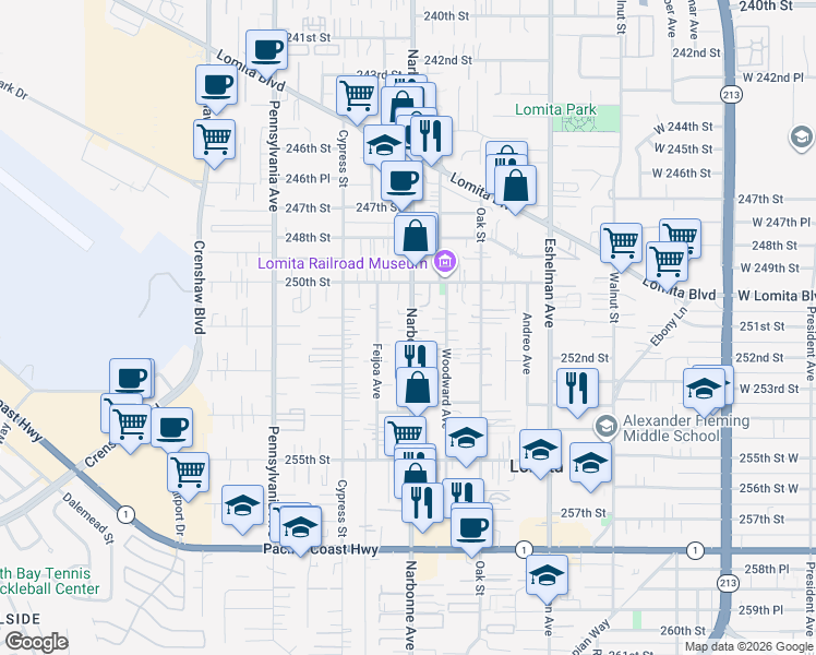 map of restaurants, bars, coffee shops, grocery stores, and more near 25107 Narbonne Avenue in Lomita