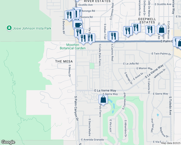 map of restaurants, bars, coffee shops, grocery stores, and more near 113 Pali Drive in Palm Springs