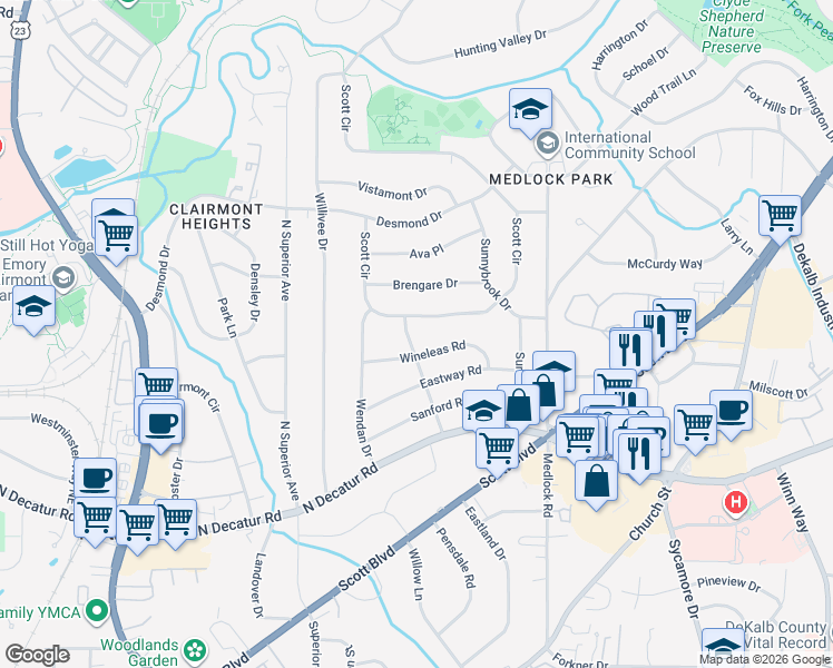 map of restaurants, bars, coffee shops, grocery stores, and more near 687 Suzanne Dr in Decatur