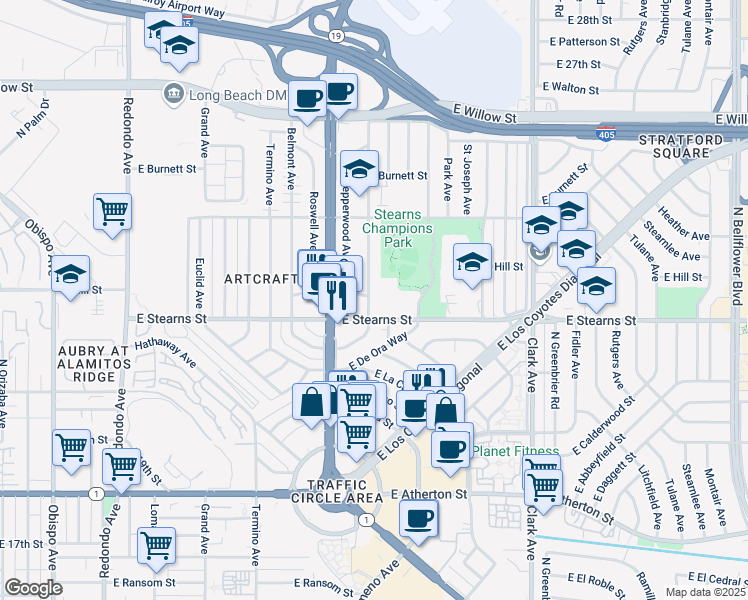 map of restaurants, bars, coffee shops, grocery stores, and more near 2218 Ximeno Avenue in Long Beach