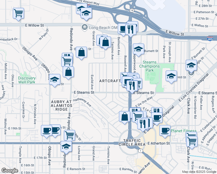 map of restaurants, bars, coffee shops, grocery stores, and more near 2218 Mira Mar Avenue in Long Beach