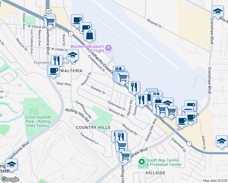 map of restaurants, bars, coffee shops, grocery stores, and more near 3142 Newton Street in Torrance