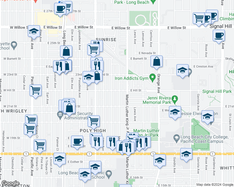 map of restaurants, bars, coffee shops, grocery stores, and more near 2179 Myrtle Avenue in Long Beach