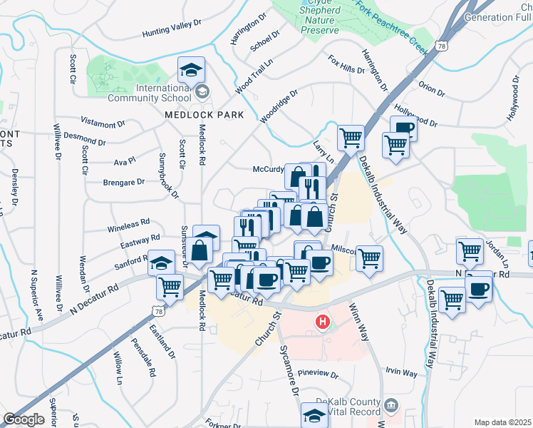 map of restaurants, bars, coffee shops, grocery stores, and more near 113 Tuxworth Circle in Decatur