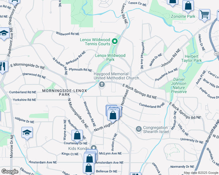 map of restaurants, bars, coffee shops, grocery stores, and more near 1053 East Rock Springs Road Northeast in Atlanta