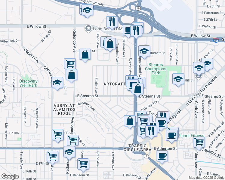 map of restaurants, bars, coffee shops, grocery stores, and more near 2218 Mira Mar Avenue in Long Beach