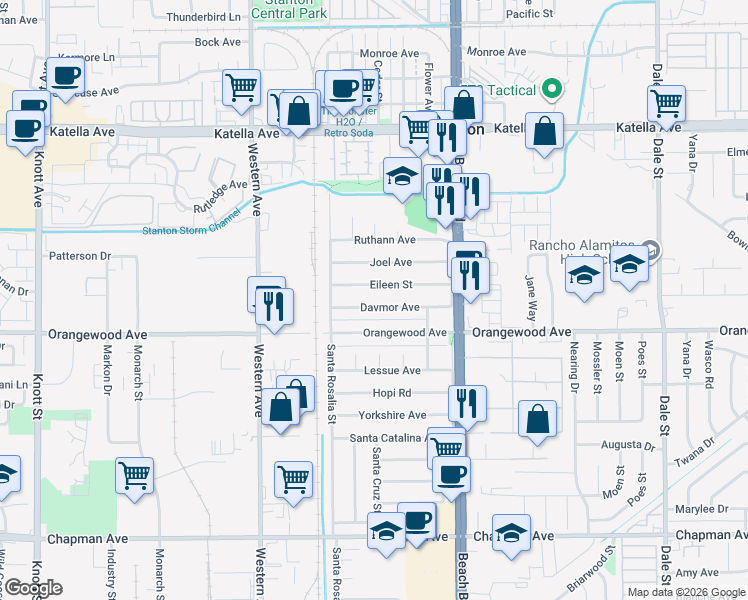 map of restaurants, bars, coffee shops, grocery stores, and more near 7761 Davmor Avenue in Stanton