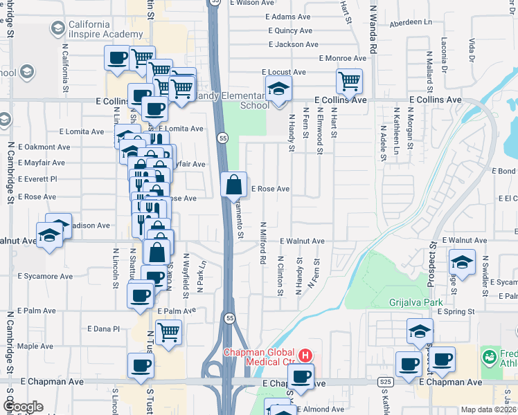map of restaurants, bars, coffee shops, grocery stores, and more near 2242 East Orange Grove Avenue in Orange