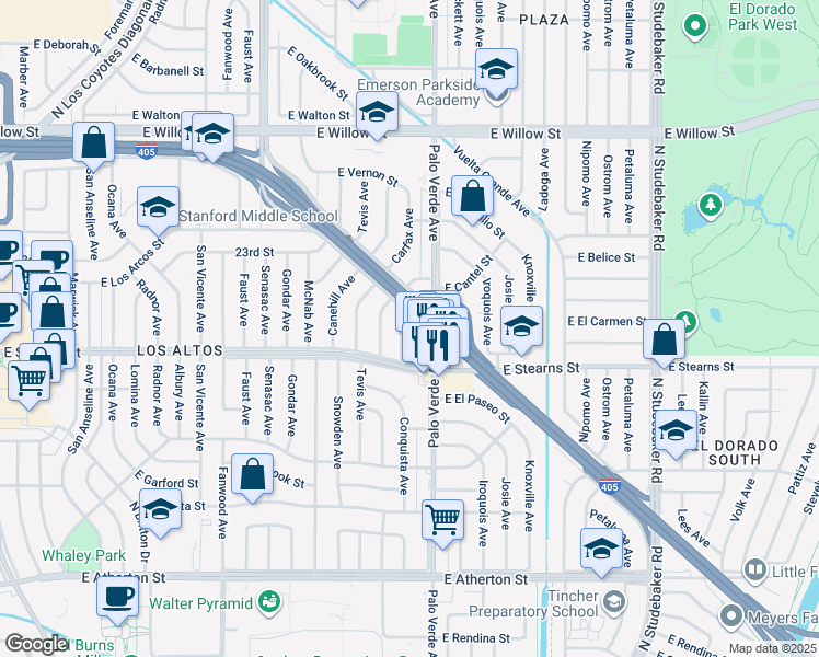 map of restaurants, bars, coffee shops, grocery stores, and more near 26 Woodruff Avenue in Long Beach