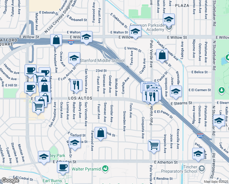 map of restaurants, bars, coffee shops, grocery stores, and more near 2205 McNab Avenue in Long Beach