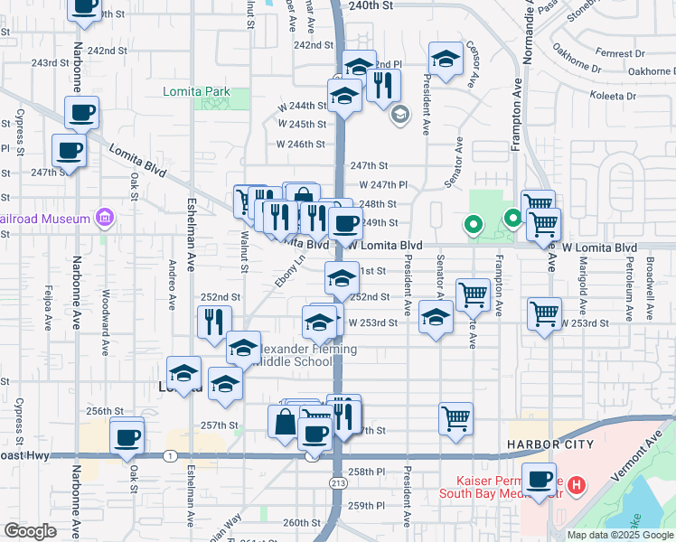 map of restaurants, bars, coffee shops, grocery stores, and more near 1704 251st Street in Lomita