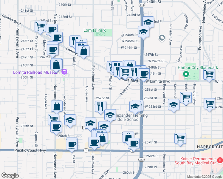 map of restaurants, bars, coffee shops, grocery stores, and more near 1905 Alcor Street in Lomita