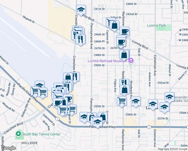 map of restaurants, bars, coffee shops, grocery stores, and more near 2356 251st Street in Lomita