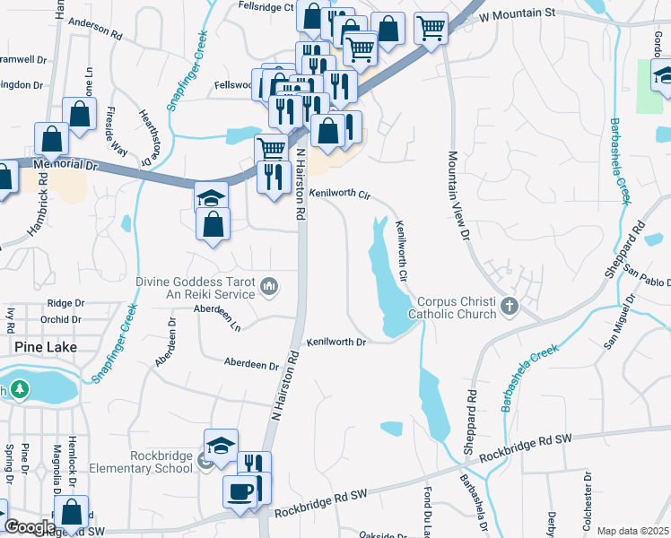 map of restaurants, bars, coffee shops, grocery stores, and more near 696 Kenilworth Circle in Stone Mountain