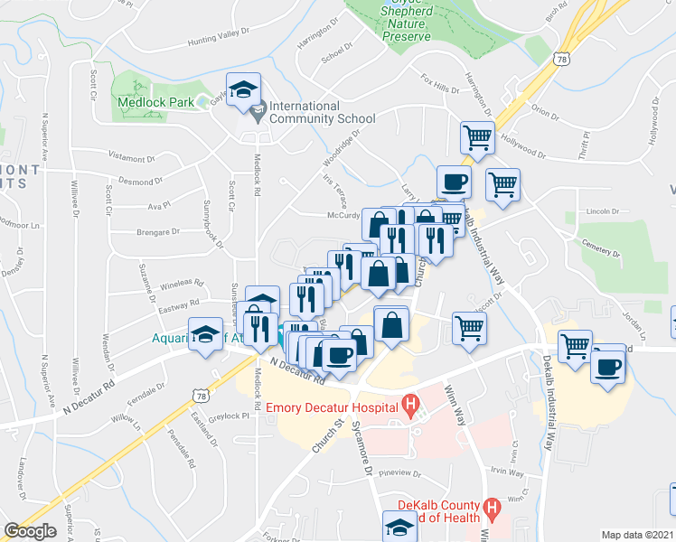 map of restaurants, bars, coffee shops, grocery stores, and more near 113 Tuxworth Circle in Decatur