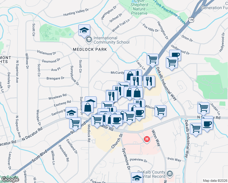 map of restaurants, bars, coffee shops, grocery stores, and more near 111 Tuxworth Circle in Decatur