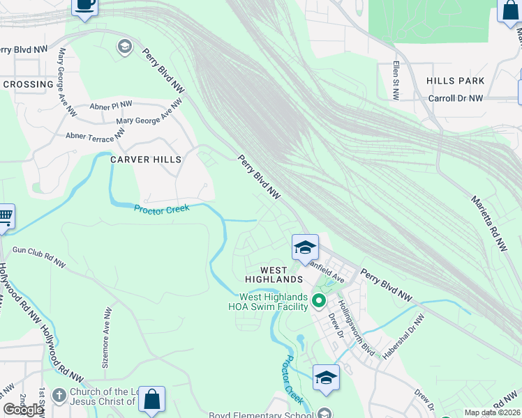 map of restaurants, bars, coffee shops, grocery stores, and more near 1950 Northwest Jeffery Road in Atlanta
