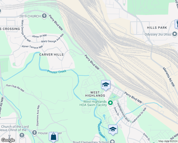 map of restaurants, bars, coffee shops, grocery stores, and more near 2090 Drew Drive in Atlanta