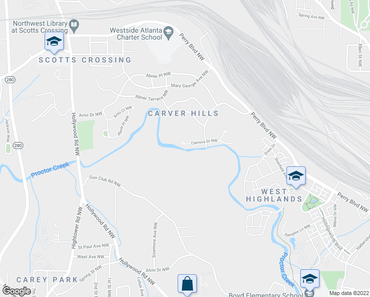 map of restaurants, bars, coffee shops, grocery stores, and more near 2422 Clarissa Drive Northwest in Atlanta