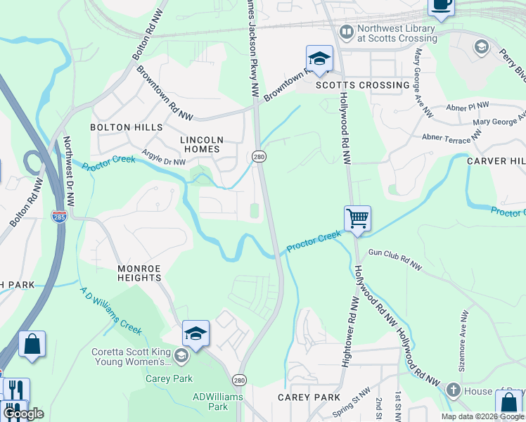 map of restaurants, bars, coffee shops, grocery stores, and more near 1696 Jackson Square Northwest in Atlanta