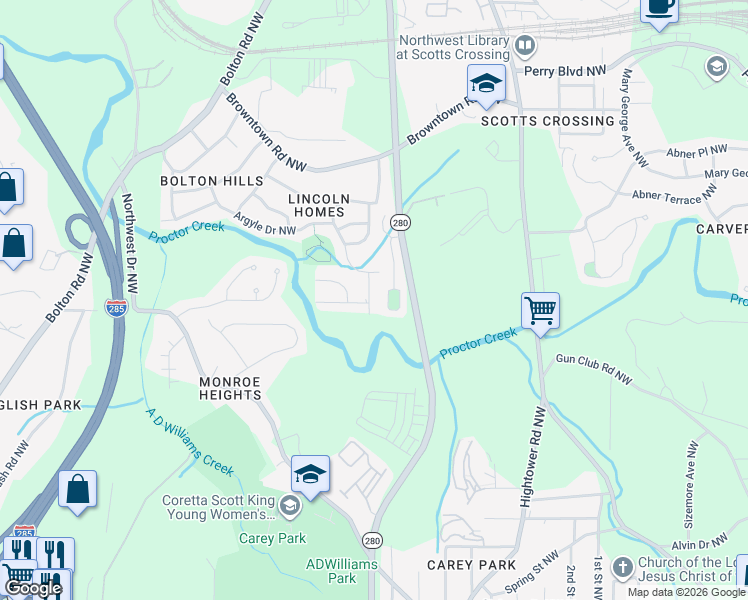 map of restaurants, bars, coffee shops, grocery stores, and more near 1525 Glenrock Drive Northwest in Atlanta