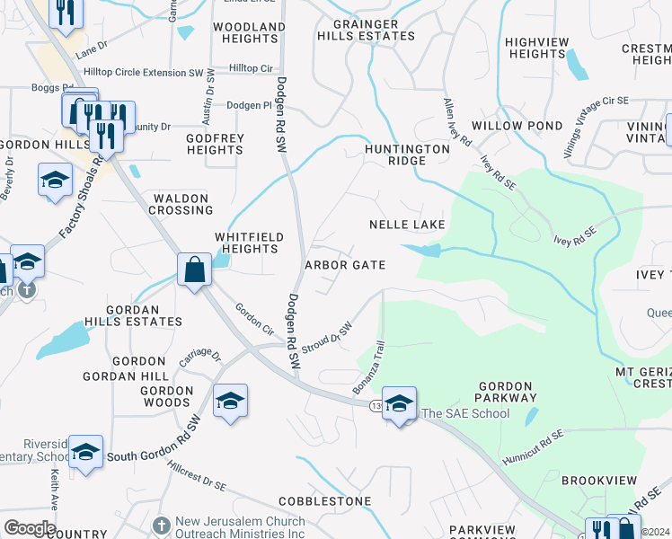 map of restaurants, bars, coffee shops, grocery stores, and more near 6564 Arbor Gate Drive Southwest in Mableton