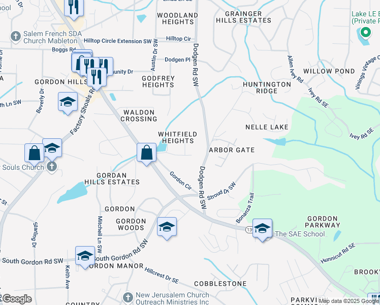 map of restaurants, bars, coffee shops, grocery stores, and more near 157 Whitfield Drive in Mableton