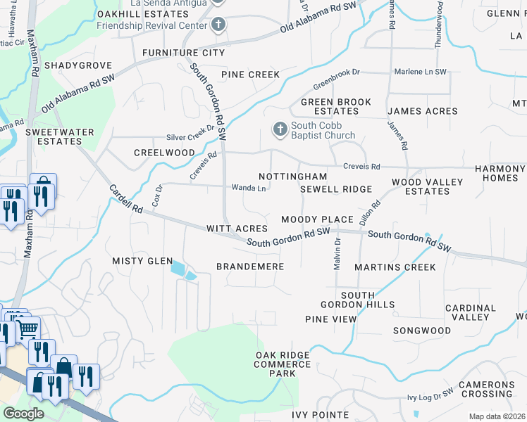 map of restaurants, bars, coffee shops, grocery stores, and more near 1751 Nan Court in Austell