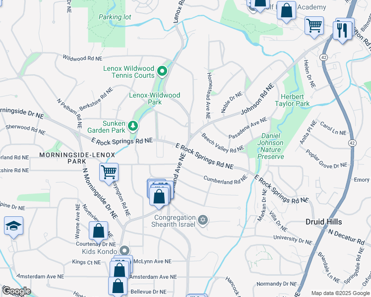 map of restaurants, bars, coffee shops, grocery stores, and more near North Highland Avenue Northeast & E Rock Springs Road Northeast in Atlanta