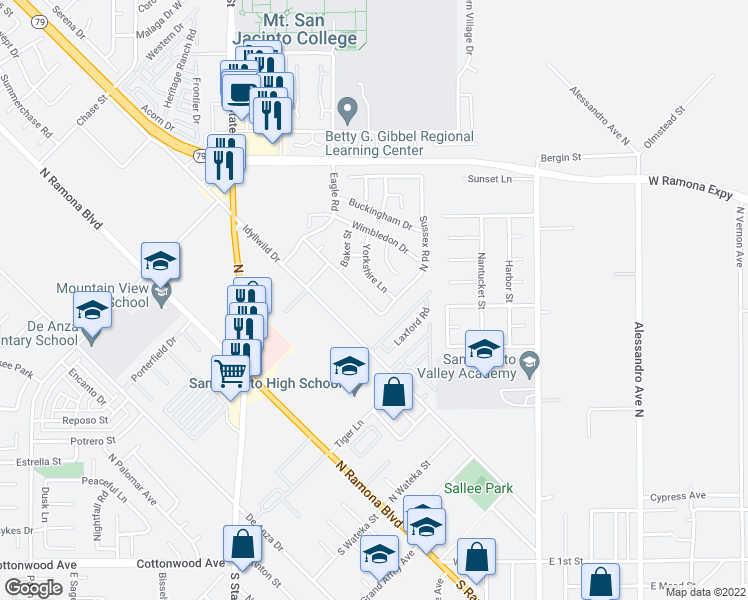 map of restaurants, bars, coffee shops, grocery stores, and more near 395 Westminster Drive in San Jacinto