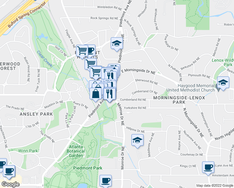 map of restaurants, bars, coffee shops, grocery stores, and more near 585 Sherwood Road Northeast in Atlanta
