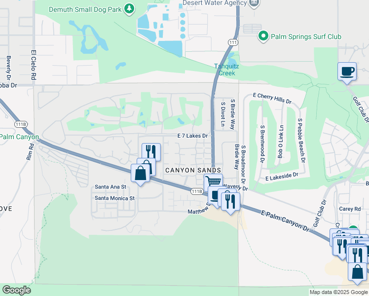 map of restaurants, bars, coffee shops, grocery stores, and more near 2269 Mira Monte Circle West in Palm Springs