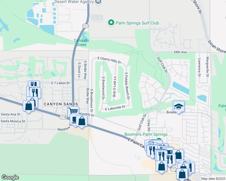 map of restaurants, bars, coffee shops, grocery stores, and more near 2285 Bob O Link Lane in Palm Springs