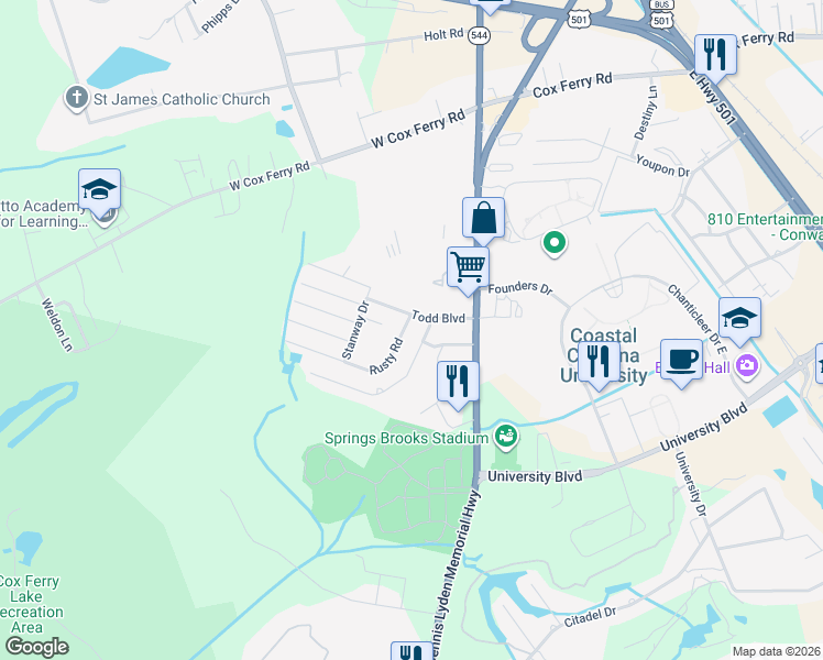 map of restaurants, bars, coffee shops, grocery stores, and more near 608 Rusty Road in Conway